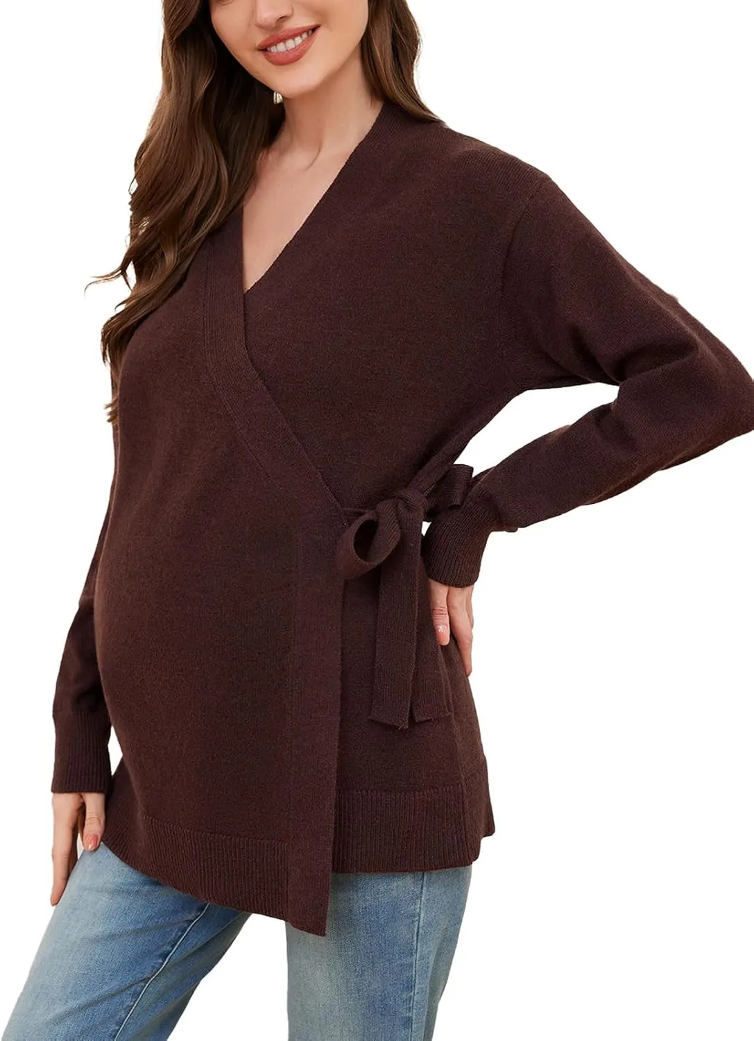Liu & Qu Women's V-Neck Maternity Sweater Tops Tie Front Wrap Knit Maternity Shirts Pregnancy Clothes