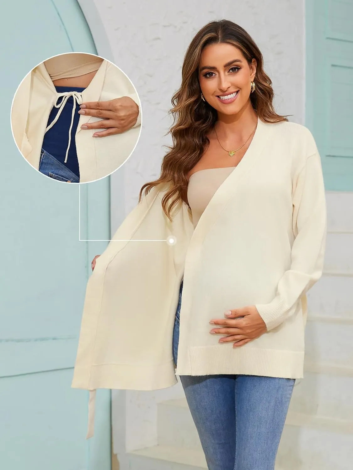 Liu & Qu Women's V-Neck Maternity Sweater Tops Tie Front Wrap Knit Maternity Shirts Pregnancy Clothes