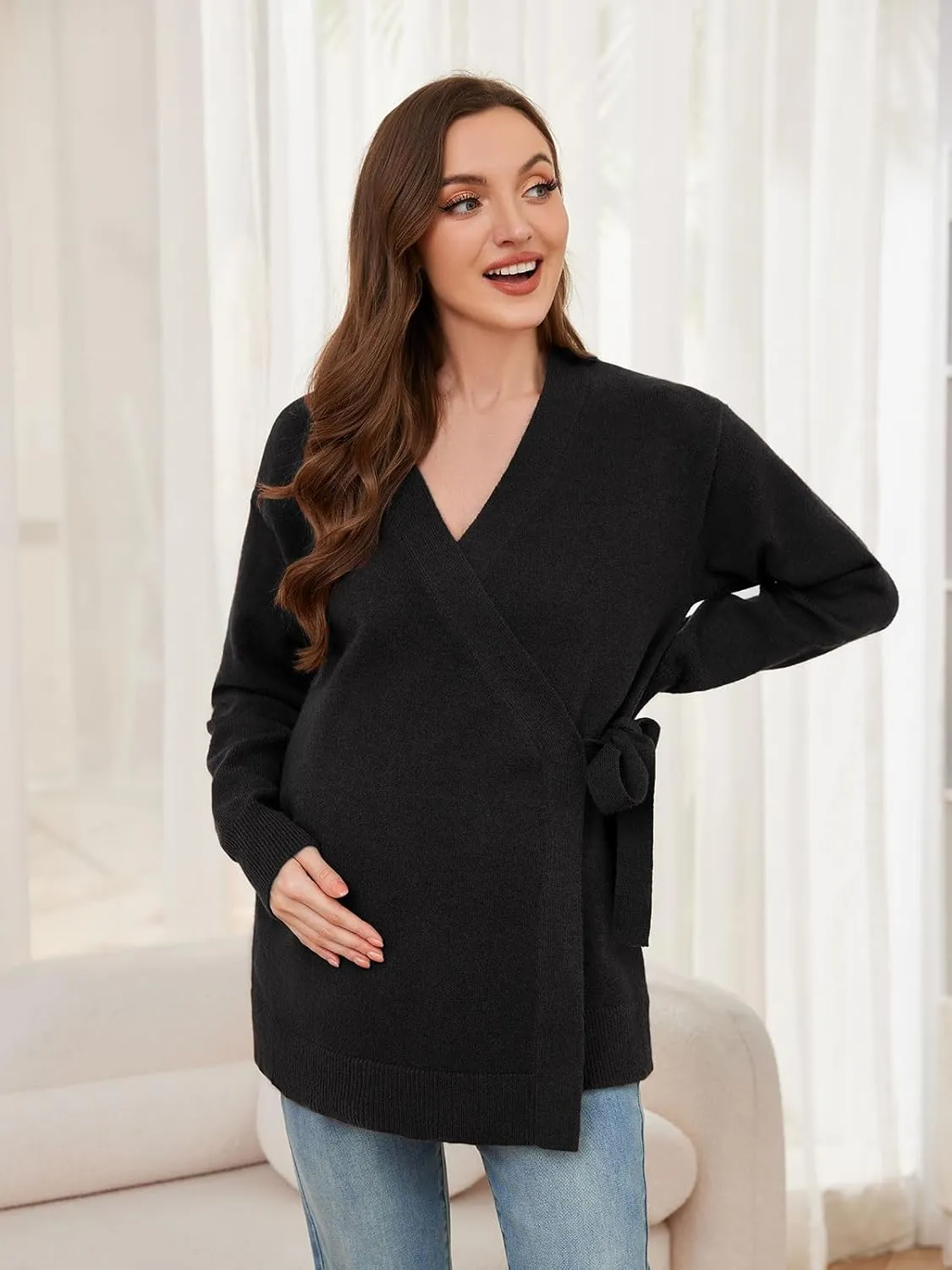 Liu & Qu Women's V-Neck Maternity Sweater Tops Tie Front Wrap Knit Maternity Shirts Pregnancy Clothes