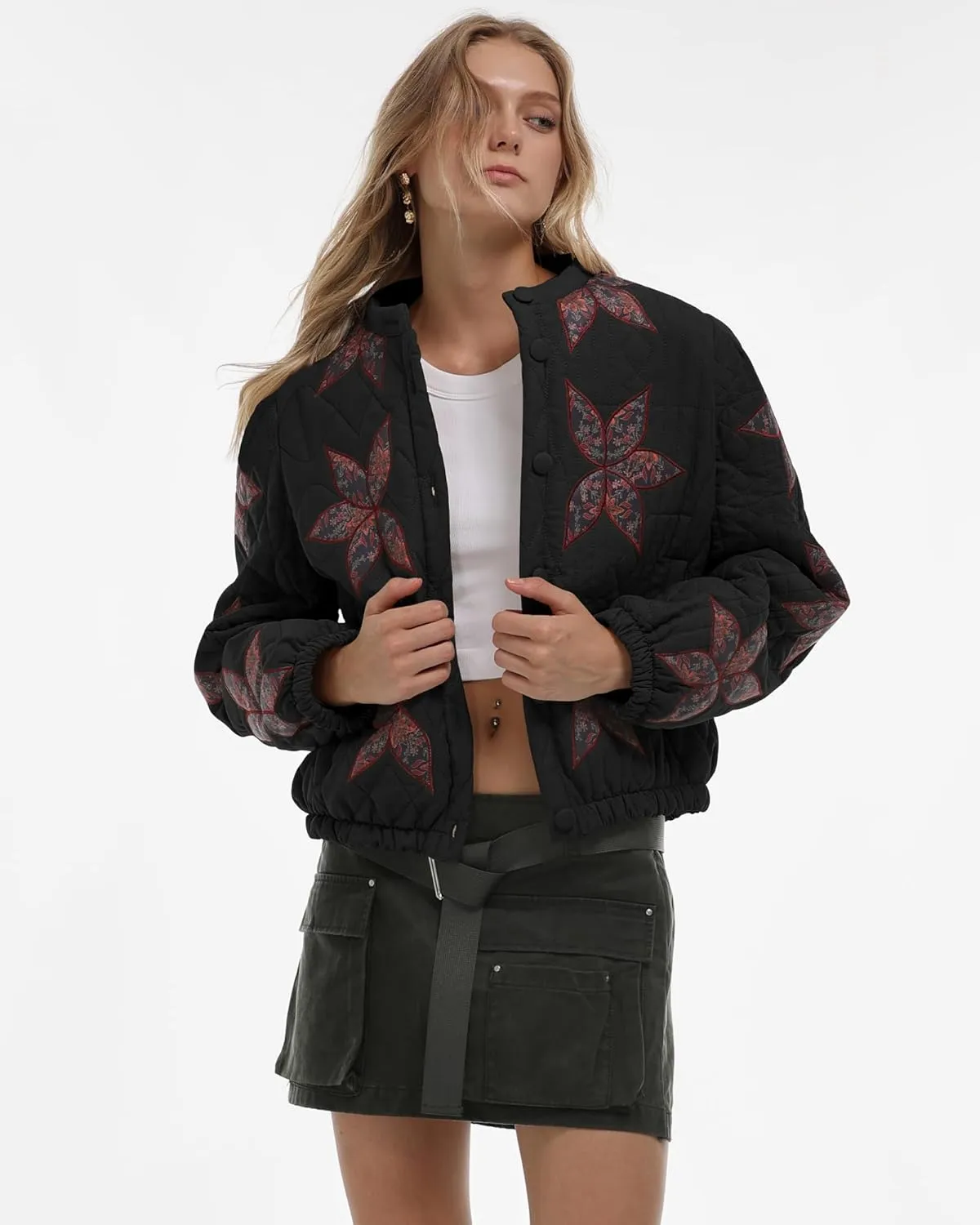 Locachy Women's Casual Cropped Puffer Jacket Lightweight Flower Embroidery Winter Warm Quilted Jacket Coat with Pockets