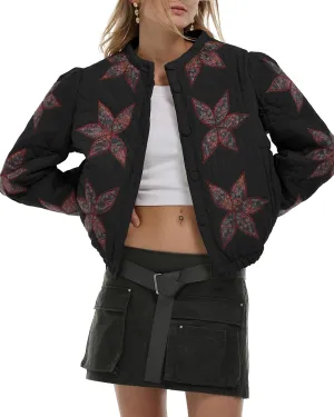Locachy Women's Casual Cropped Puffer Jacket Lightweight Flower Embroidery Winter Warm Quilted Jacket Coat with Pockets