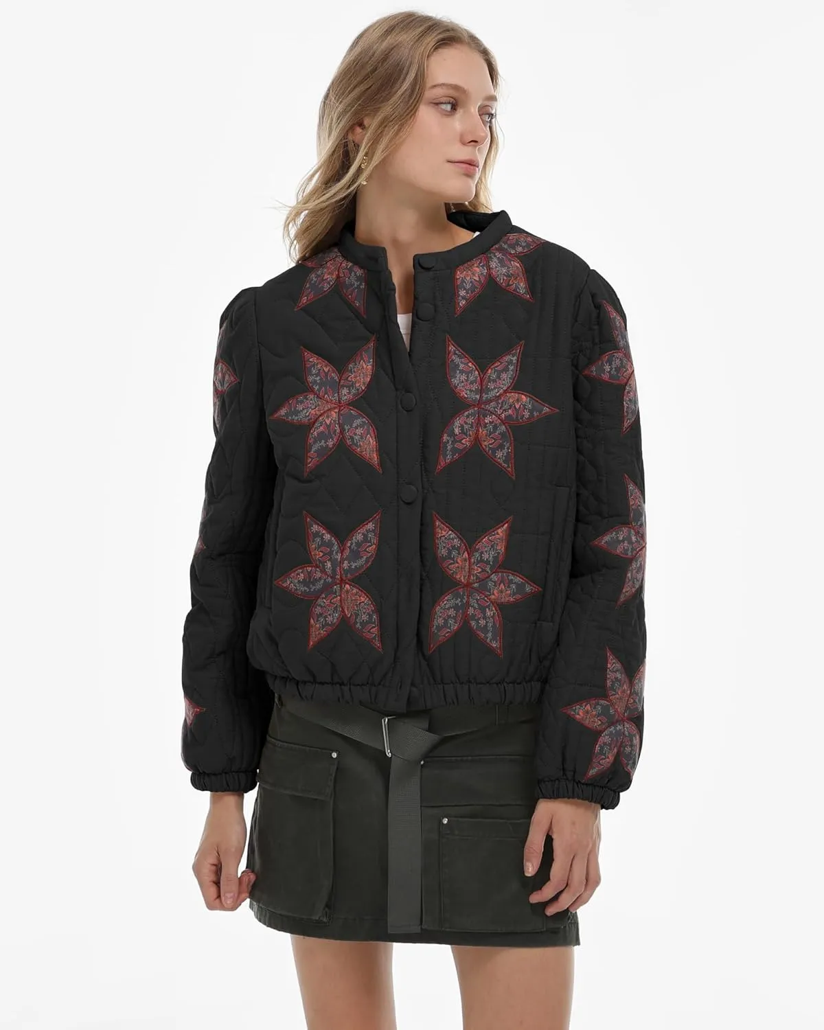 Locachy Women's Casual Cropped Puffer Jacket Lightweight Flower Embroidery Winter Warm Quilted Jacket Coat with Pockets