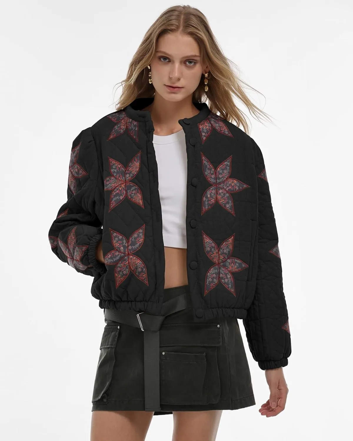 Locachy Women's Casual Cropped Puffer Jacket Lightweight Flower Embroidery Winter Warm Quilted Jacket Coat with Pockets