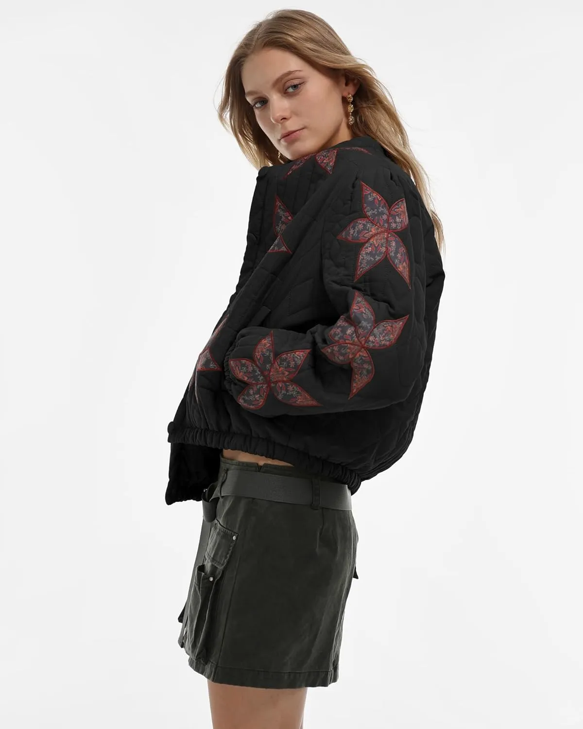 Locachy Women's Casual Cropped Puffer Jacket Lightweight Flower Embroidery Winter Warm Quilted Jacket Coat with Pockets