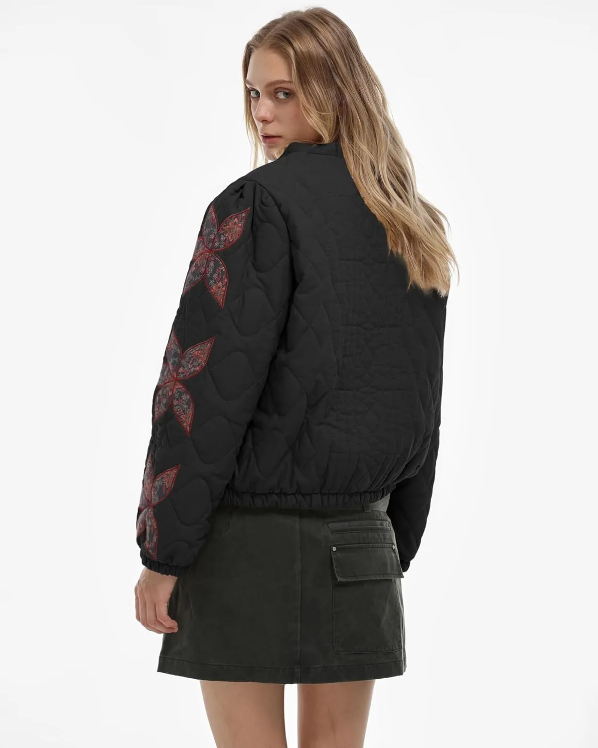 Locachy Women's Casual Cropped Puffer Jacket Lightweight Flower Embroidery Winter Warm Quilted Jacket Coat with Pockets