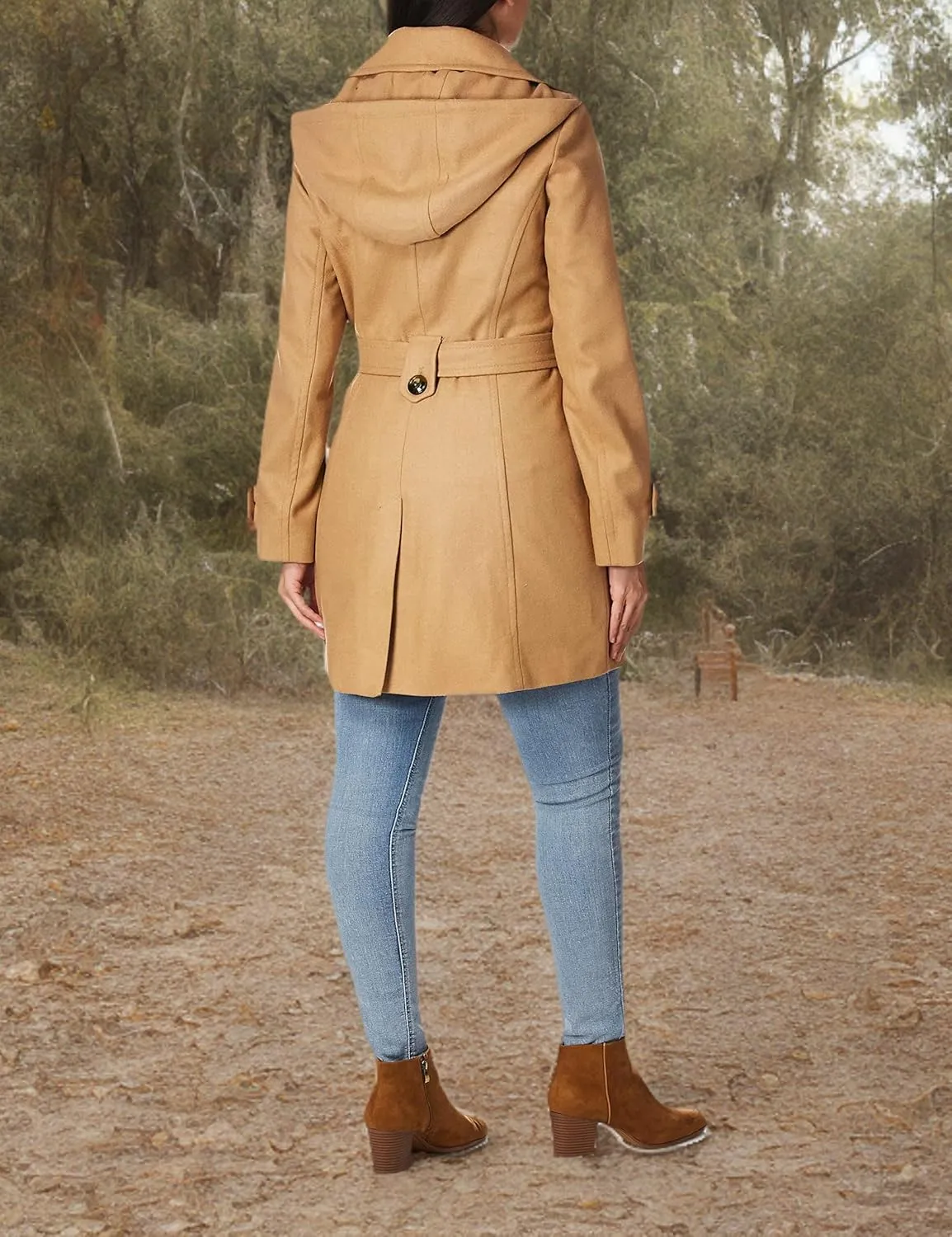 London Fog Women's Double Lapel Thigh Length Button Front Wool Coat with Belt