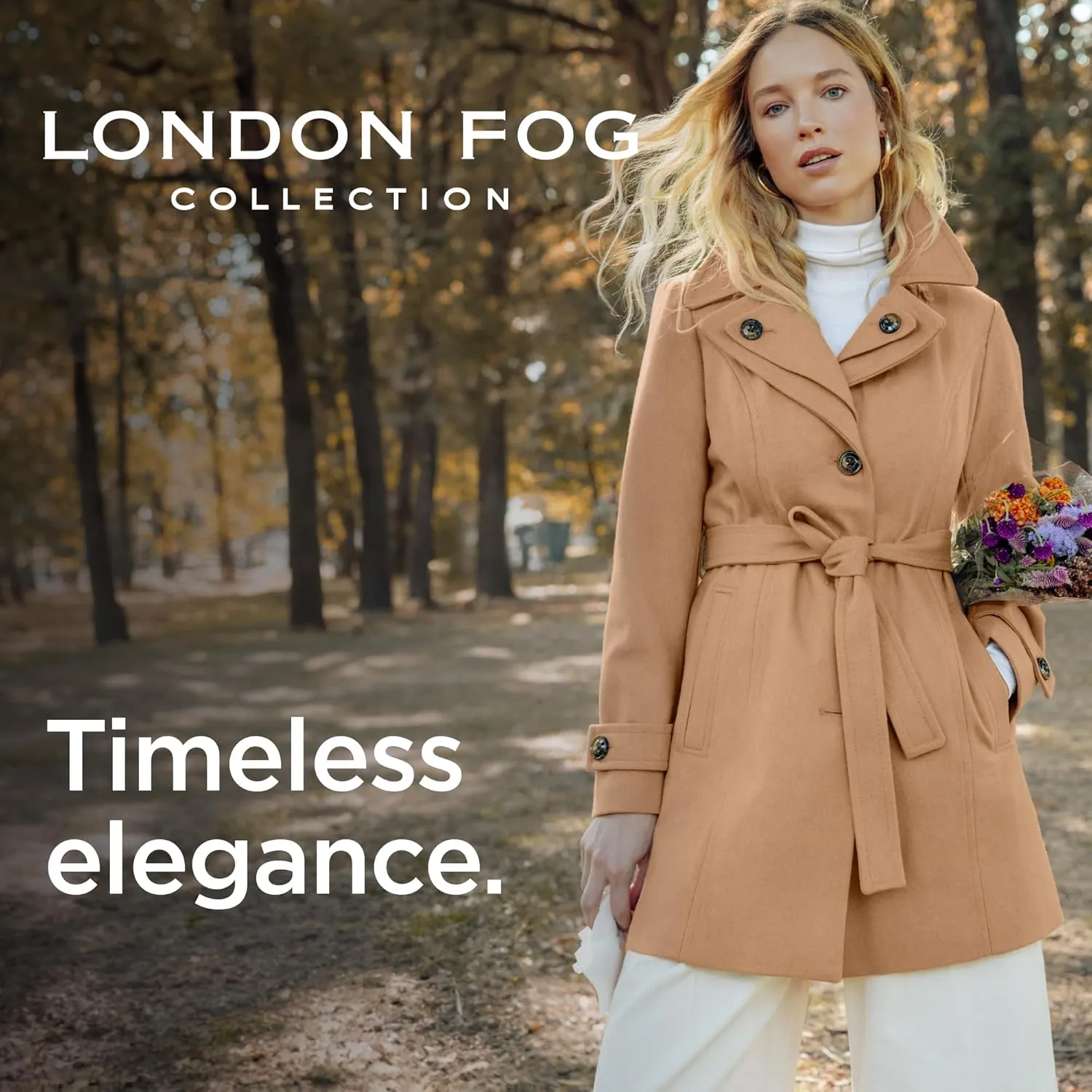 London Fog Women's Double Lapel Thigh Length Button Front Wool Coat with Belt