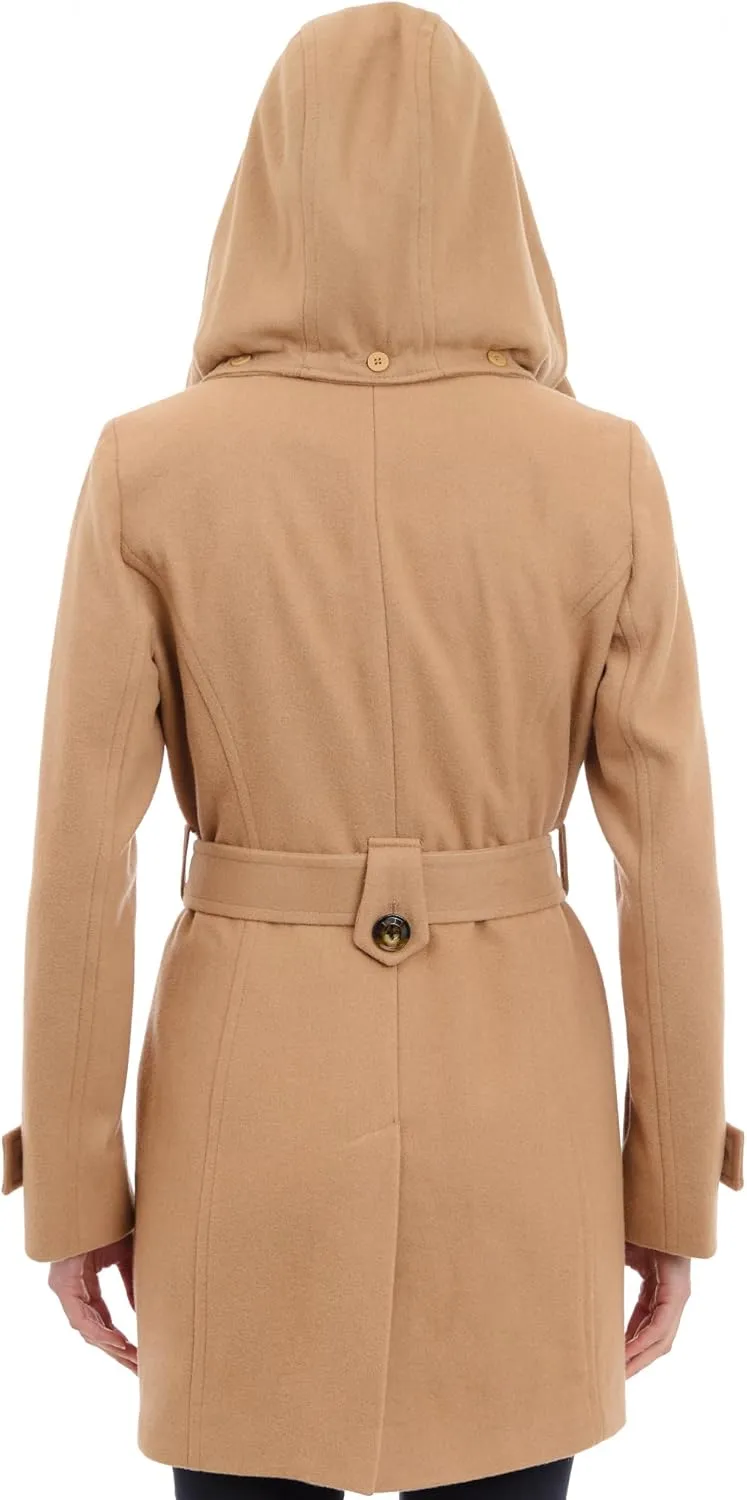 London Fog Women's Double Lapel Thigh Length Button Front Wool Coat with Belt