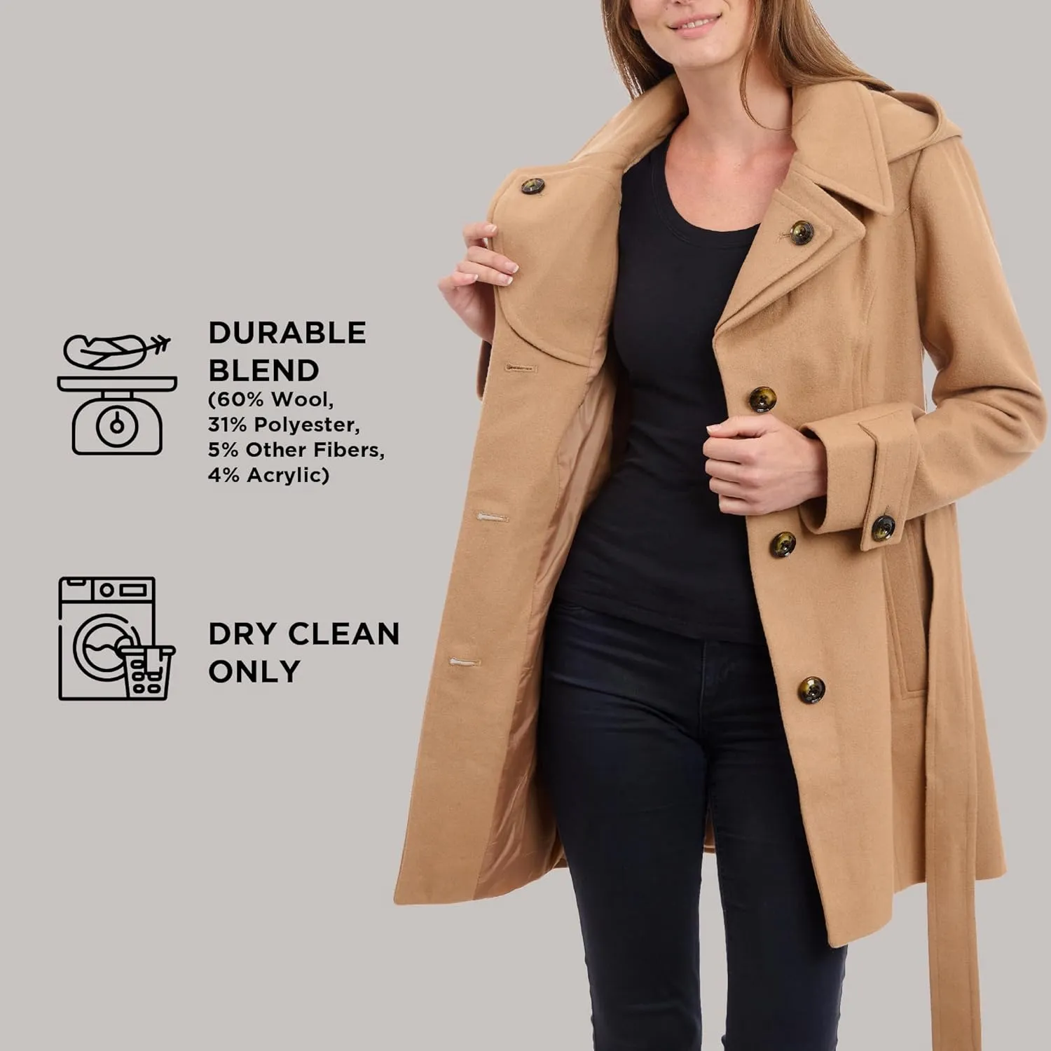 London Fog Women's Double Lapel Thigh Length Button Front Wool Coat with Belt