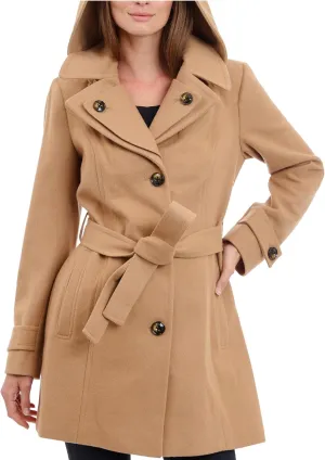 London Fog Women's Double Lapel Thigh Length Button Front Wool Coat with Belt