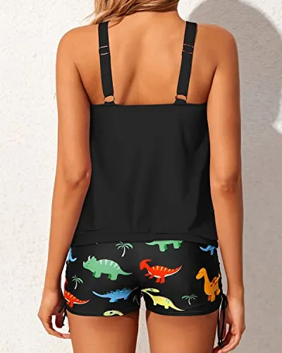 Loose Fit Blouson Tankini Swimsuits Boyshorts For Women-Black Dinosaur