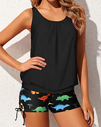 Loose Fit Blouson Tankini Swimsuits Boyshorts For Women-Black Dinosaur