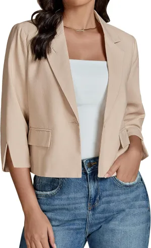luvamia Linen Blazers for Women Business Casual Cropped 3/4 Sleeve Lightweight Lined Work Office Suit Blazer Jackets