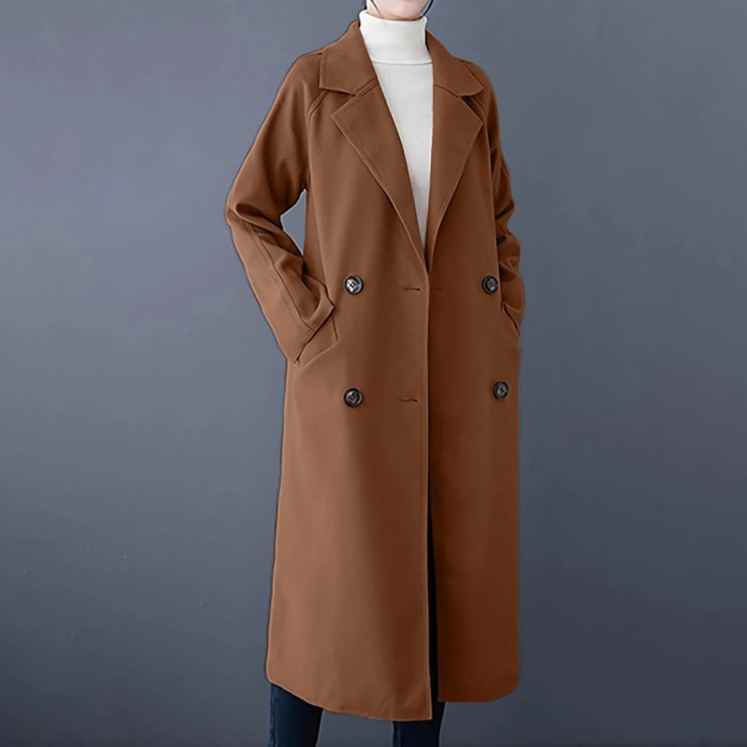 maisdgop Long Winter Coats for Women Casual Double Breasted Woolen Cloth Trench Coat Long Sleeve Open Front Lapel Overcoat