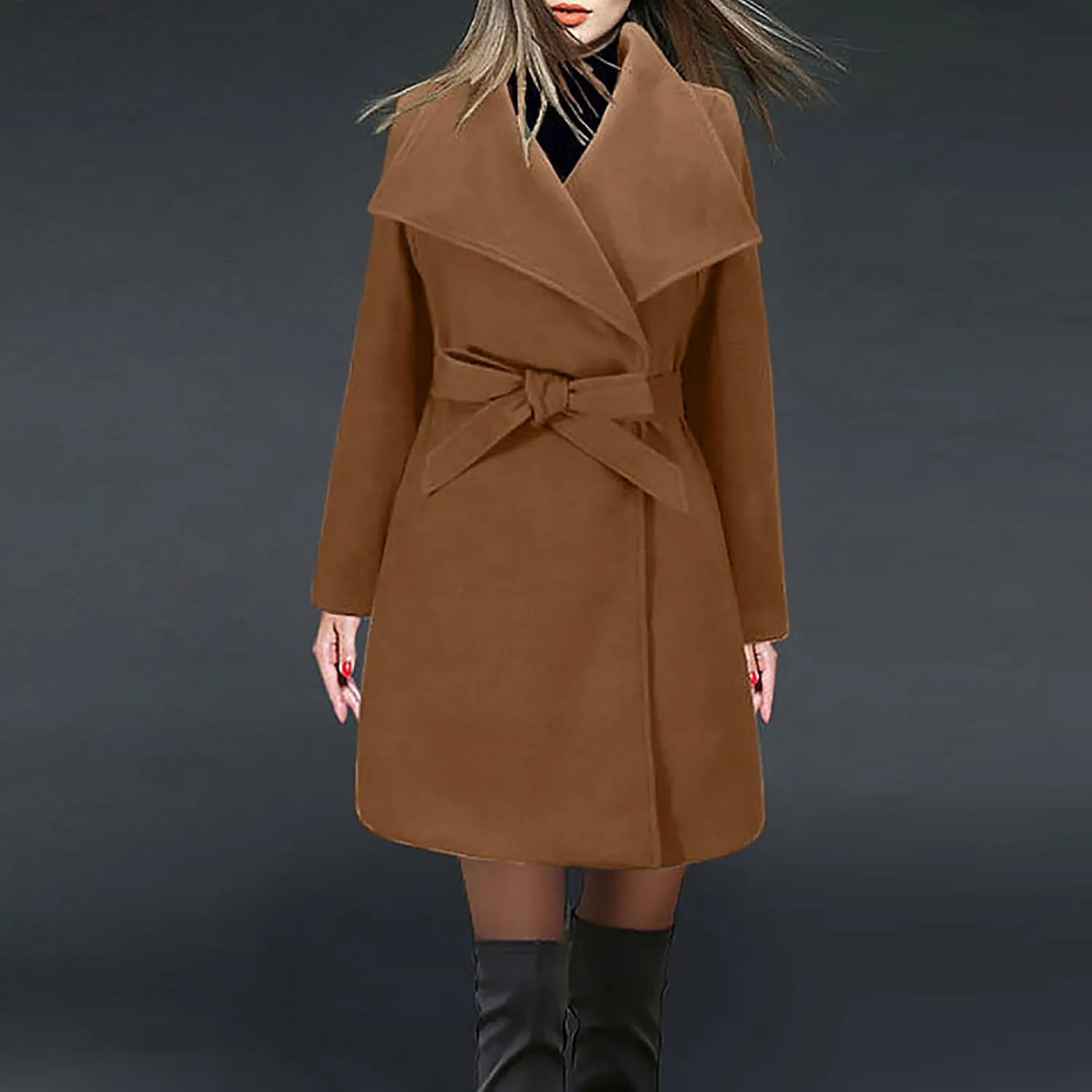 maisdgop Long Winter Coats for Women Casual Double Breasted Woolen Cloth Trench Coat Long Sleeve Open Front Lapel Overcoat