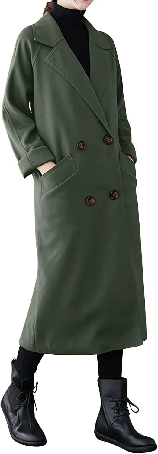 maisdgop Long Winter Coats for Women Casual Double Breasted Woolen Cloth Trench Coat Long Sleeve Open Front Lapel Overcoat