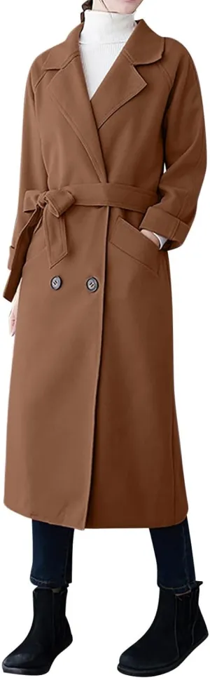 maisdgop Long Winter Coats for Women Casual Double Breasted Woolen Cloth Trench Coat Long Sleeve Open Front Lapel Overcoat