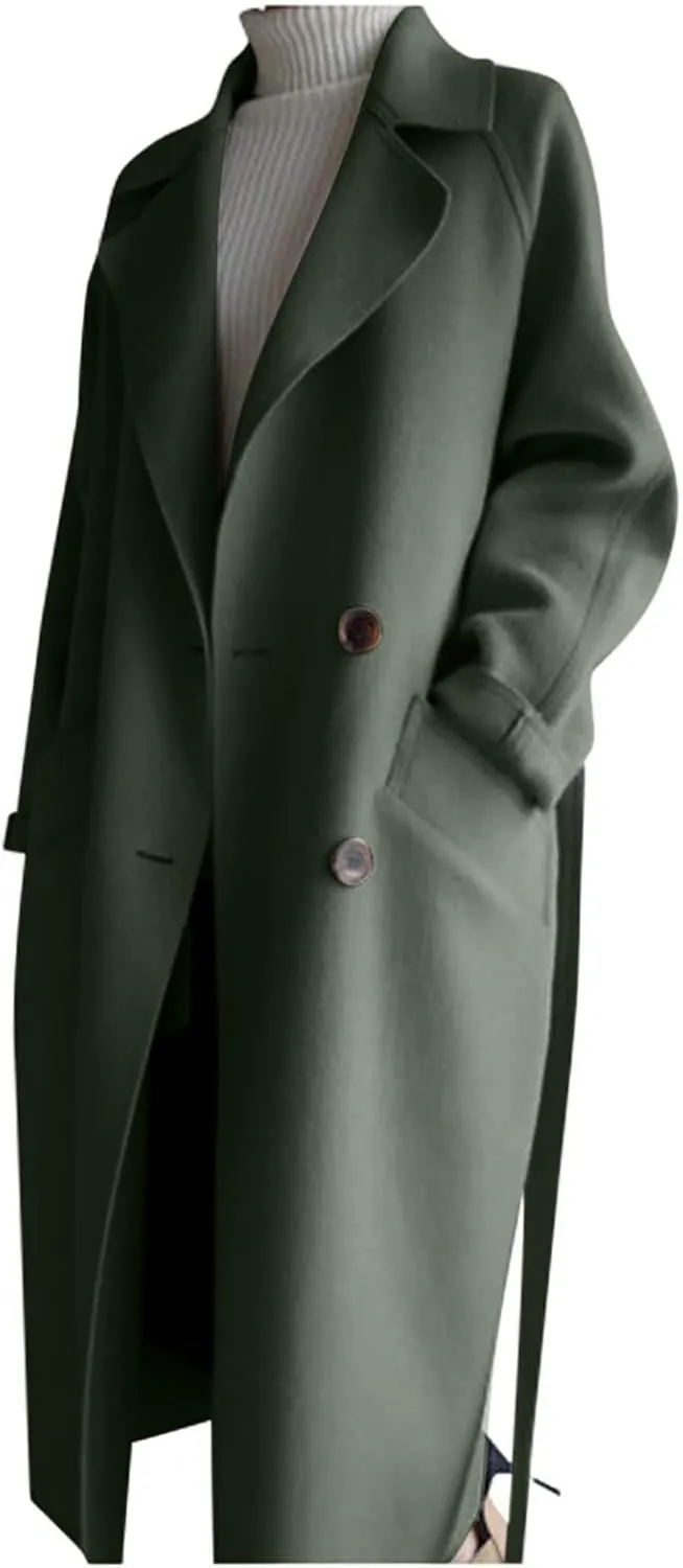 maisdgop Long Winter Coats for Women Casual Double Breasted Woolen Cloth Trench Coat Long Sleeve Open Front Lapel Overcoat
