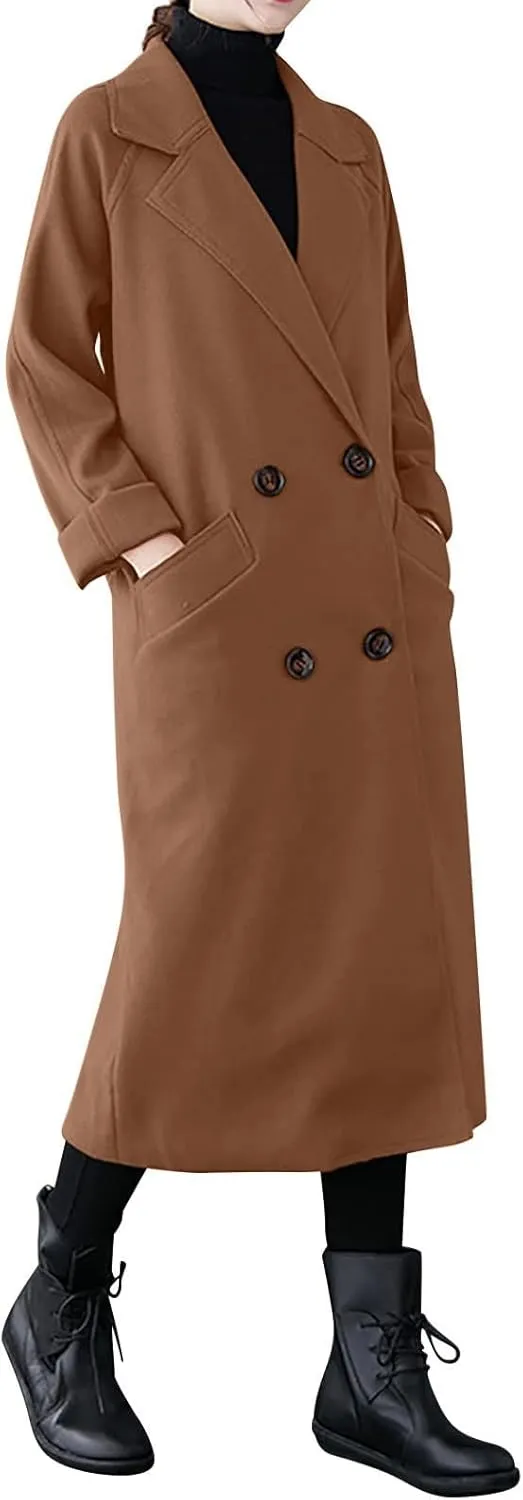 maisdgop Long Winter Coats for Women Casual Double Breasted Woolen Cloth Trench Coat Long Sleeve Open Front Lapel Overcoat