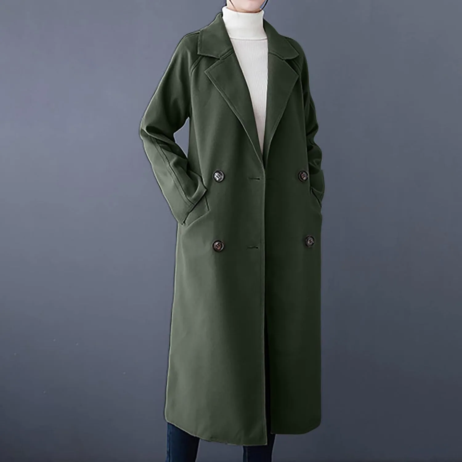 maisdgop Long Winter Coats for Women Casual Double Breasted Woolen Cloth Trench Coat Long Sleeve Open Front Lapel Overcoat
