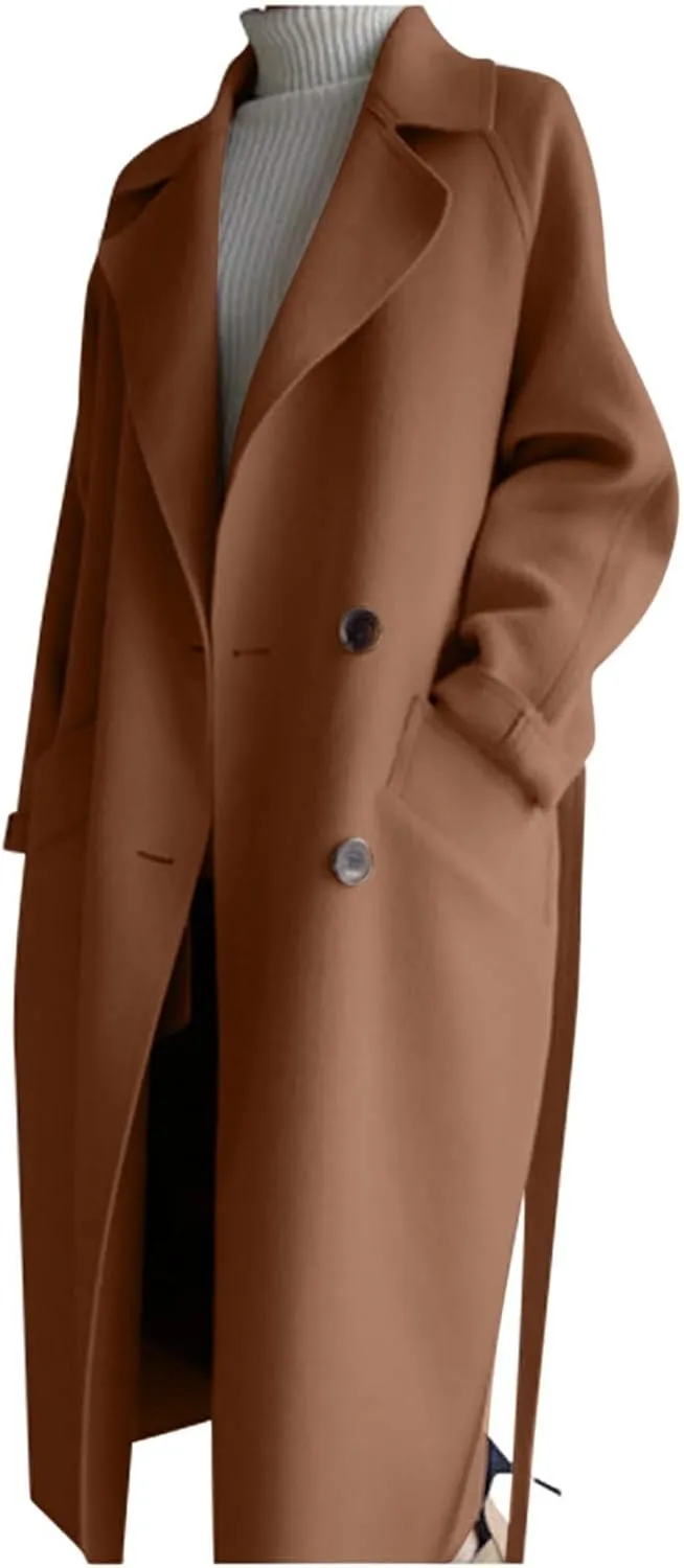 maisdgop Long Winter Coats for Women Casual Double Breasted Woolen Cloth Trench Coat Long Sleeve Open Front Lapel Overcoat