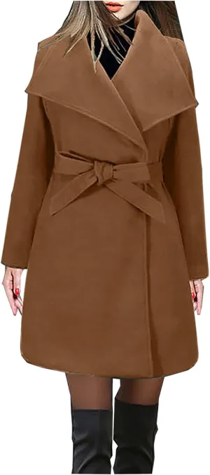 maisdgop Long Winter Coats for Women Casual Double Breasted Woolen Cloth Trench Coat Long Sleeve Open Front Lapel Overcoat