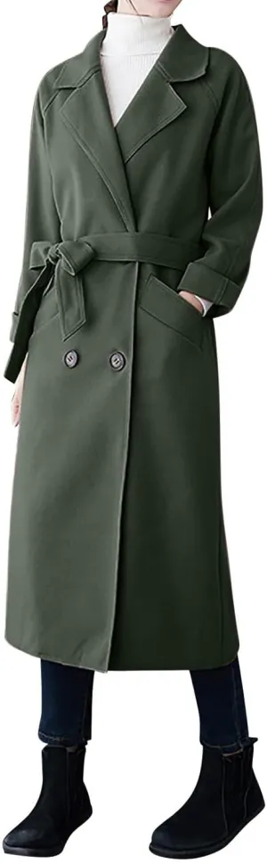 maisdgop Long Winter Coats for Women Casual Double Breasted Woolen Cloth Trench Coat Long Sleeve Open Front Lapel Overcoat