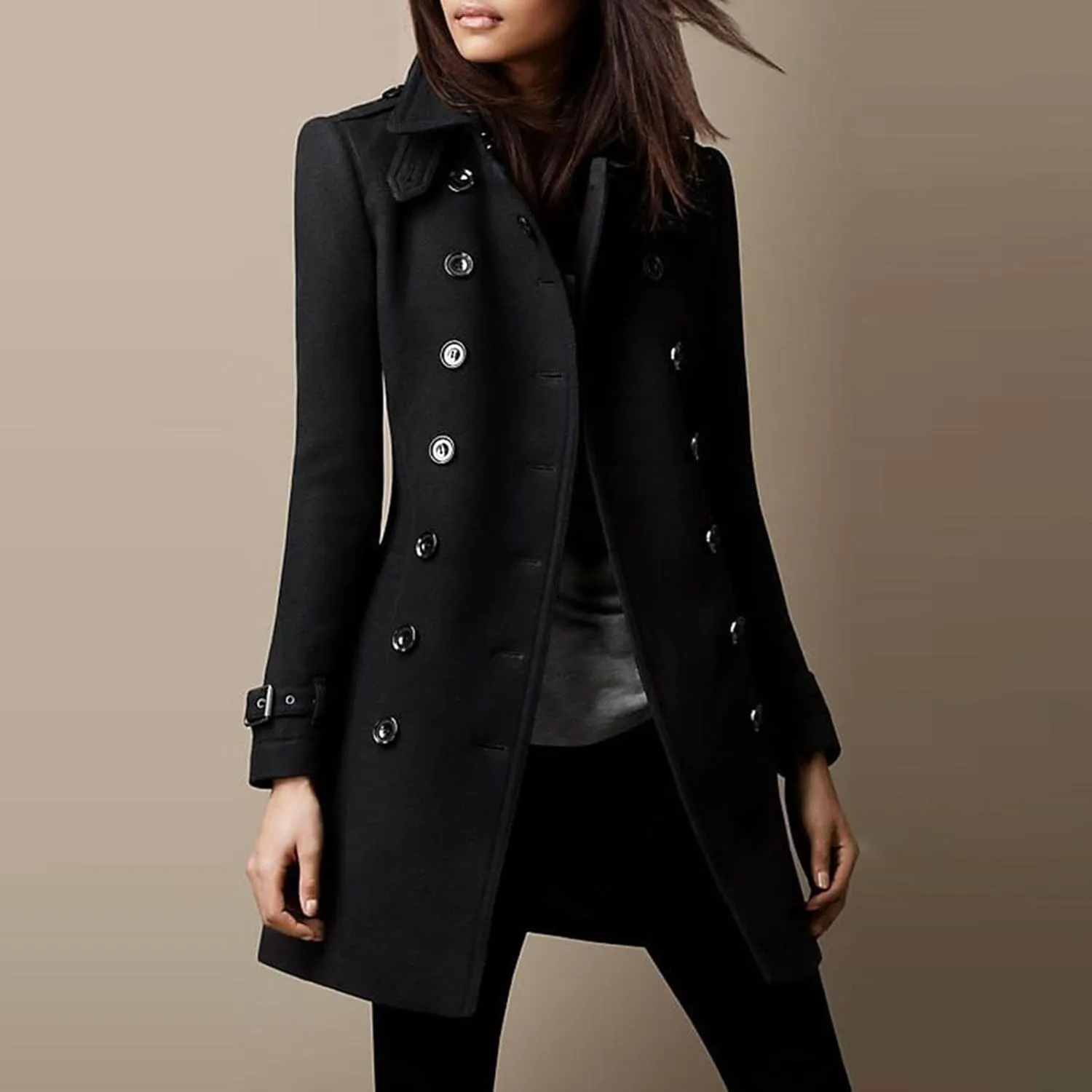 maisdgop Trench Coat for Women Long Sleeve Lapel Pea Coats Winter Double Breasted Windbreaker Casual Comfy Woolen Overcoat