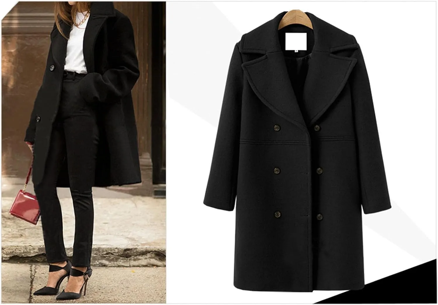 maisdgop Trench Coat for Women Long Sleeve Lapel Pea Coats Winter Double Breasted Windbreaker Casual Comfy Woolen Overcoat