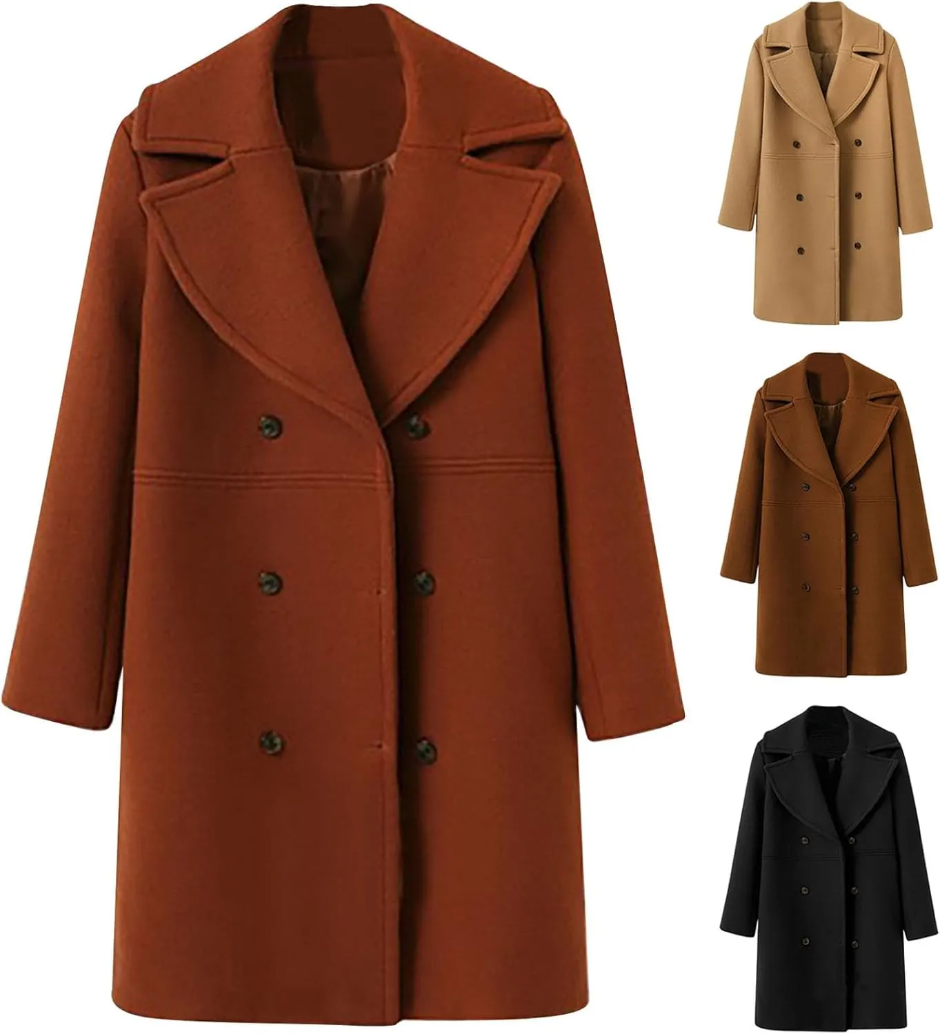 maisdgop Trench Coat for Women Long Sleeve Lapel Pea Coats Winter Double Breasted Windbreaker Casual Comfy Woolen Overcoat