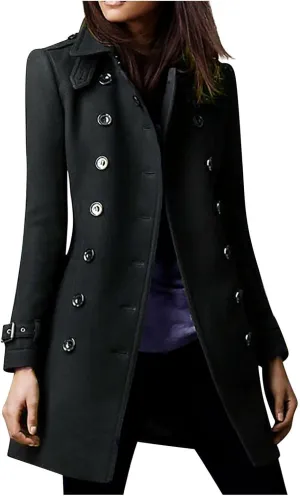 maisdgop Trench Coat for Women Long Sleeve Lapel Pea Coats Winter Double Breasted Windbreaker Casual Comfy Woolen Overcoat