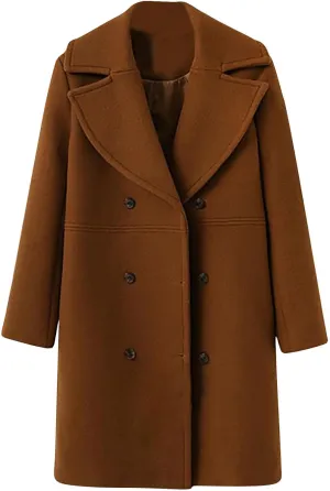 maisdgop Trench Coat for Women Long Sleeve Lapel Pea Coats Winter Double Breasted Windbreaker Casual Comfy Woolen Overcoat