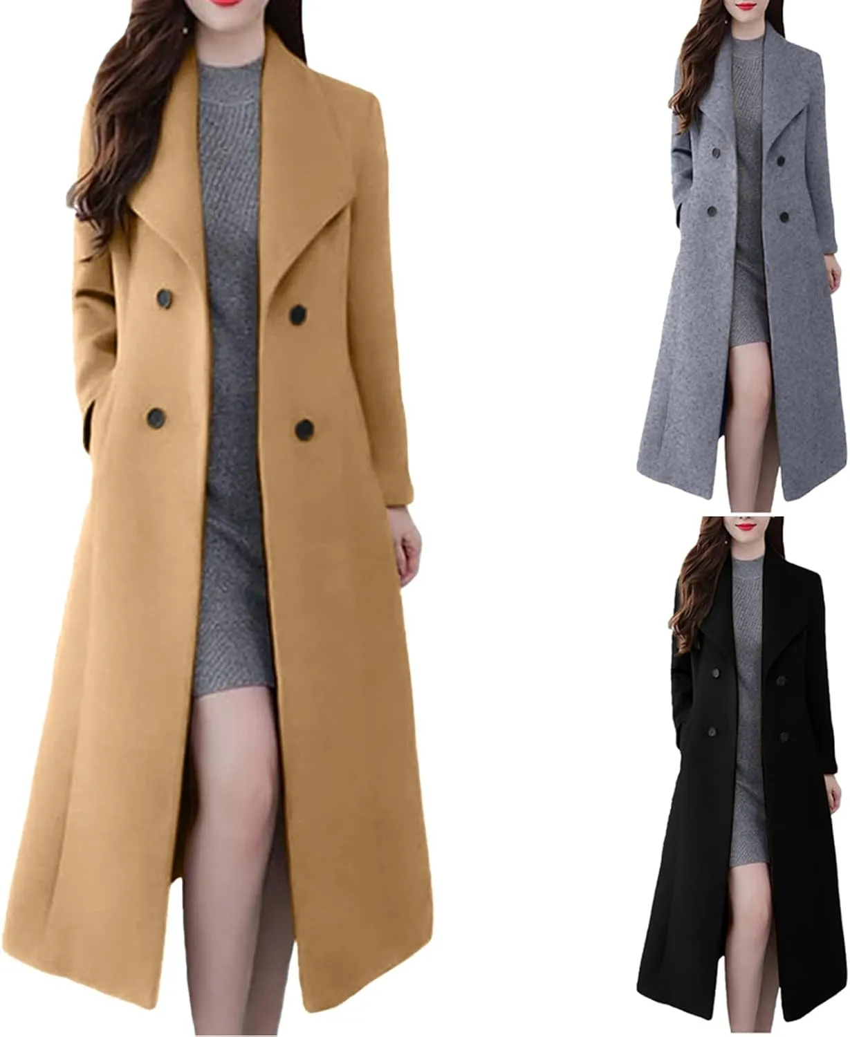 maisdgop Winter Coats for Women Long Sleeve Lapel Trench Coat Trendy Double Breasted Open Front Woolen Cloth Windbreaker