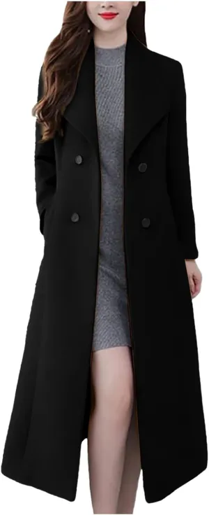 maisdgop Winter Coats for Women Long Sleeve Lapel Trench Coat Trendy Double Breasted Open Front Woolen Cloth Windbreaker