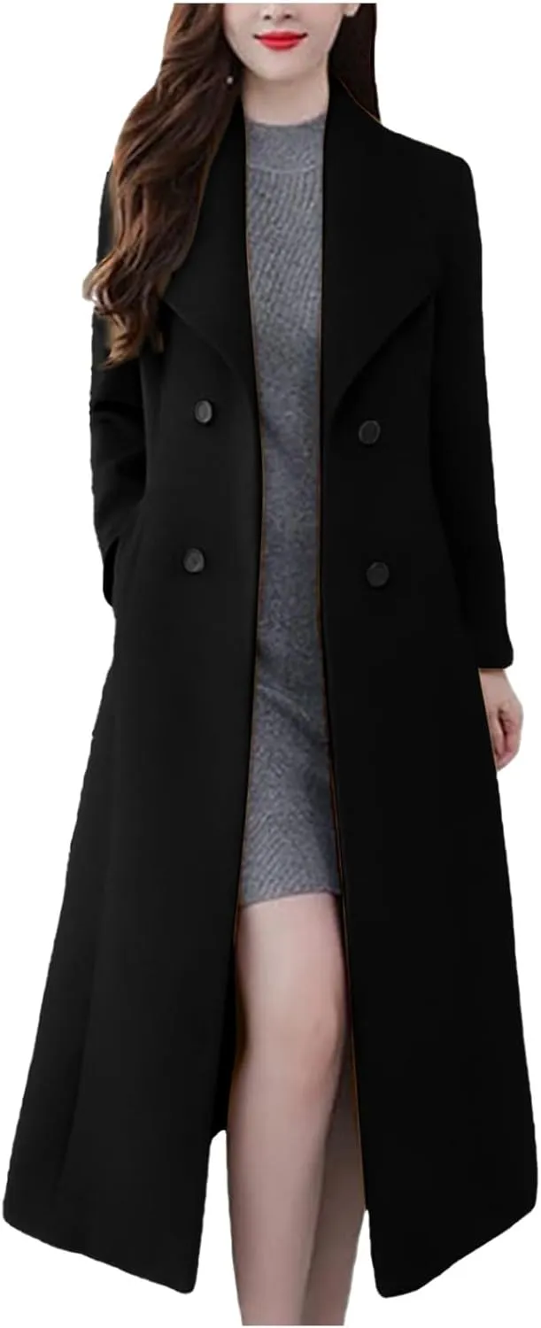 maisdgop Winter Coats for Women Long Sleeve Lapel Trench Coat Trendy Double Breasted Open Front Woolen Cloth Windbreaker
