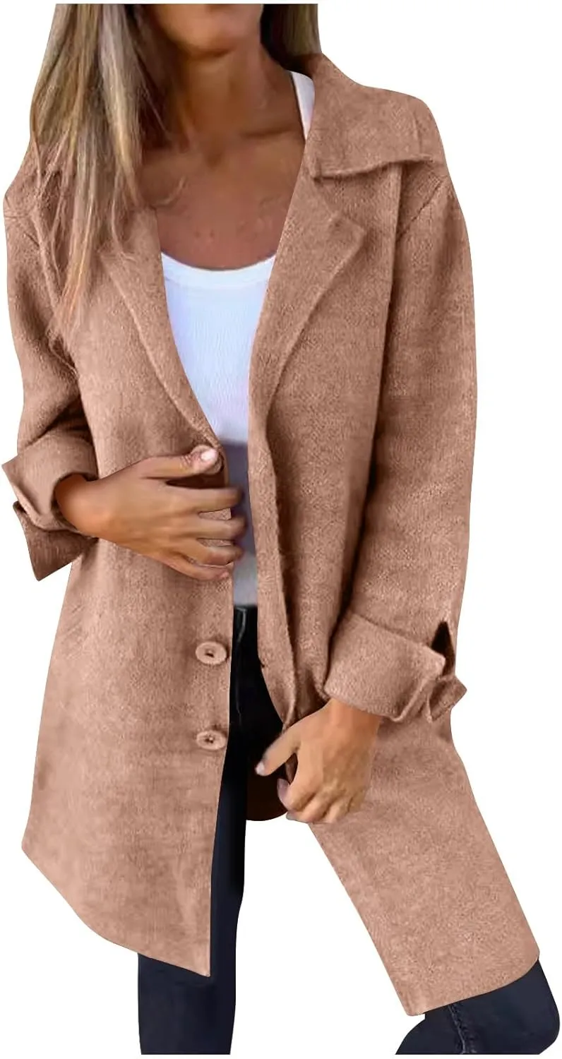 maisdgop Winter Trench Coat Women Single Breasted Open Front Woolen Cloth Jacket Mid Length Long Sleeve Lapel Windbreaker