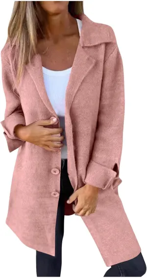maisdgop Winter Trench Coat Women Single Breasted Open Front Woolen Cloth Jacket Mid Length Long Sleeve Lapel Windbreaker