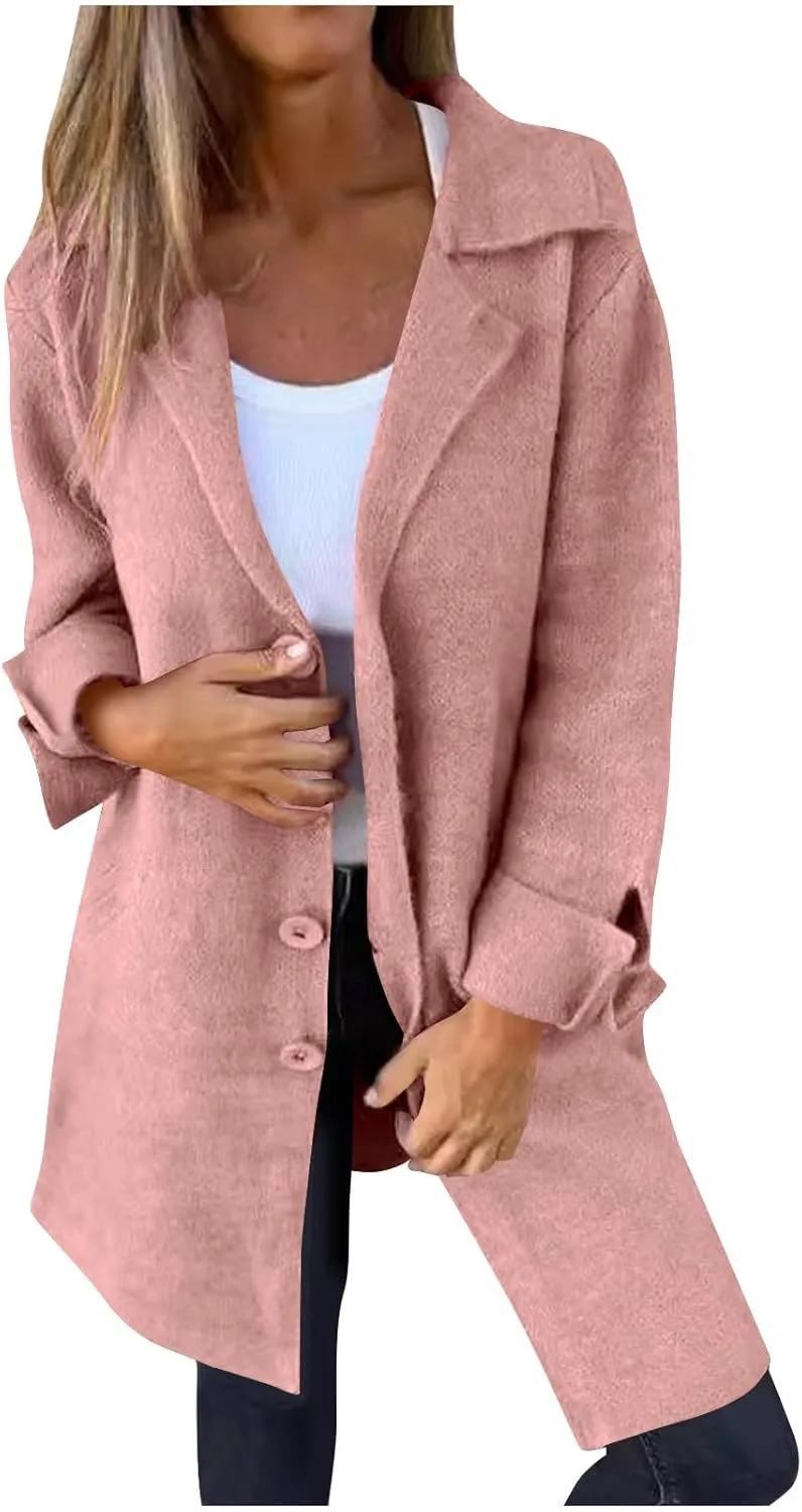 maisdgop Winter Trench Coat Women Single Breasted Open Front Woolen Cloth Jacket Mid Length Long Sleeve Lapel Windbreaker