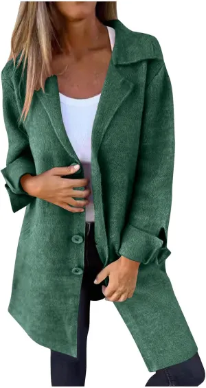 maisdgop Winter Trench Coat Women Single Breasted Open Front Woolen Cloth Jacket Mid Length Long Sleeve Lapel Windbreaker