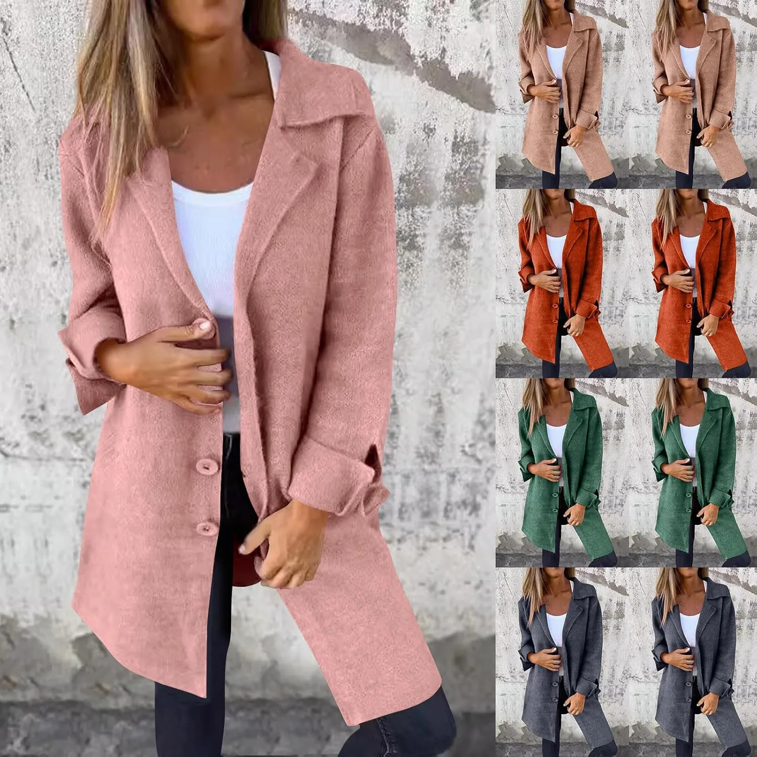maisdgop Winter Trench Coat Women Single Breasted Open Front Woolen Cloth Jacket Mid Length Long Sleeve Lapel Windbreaker