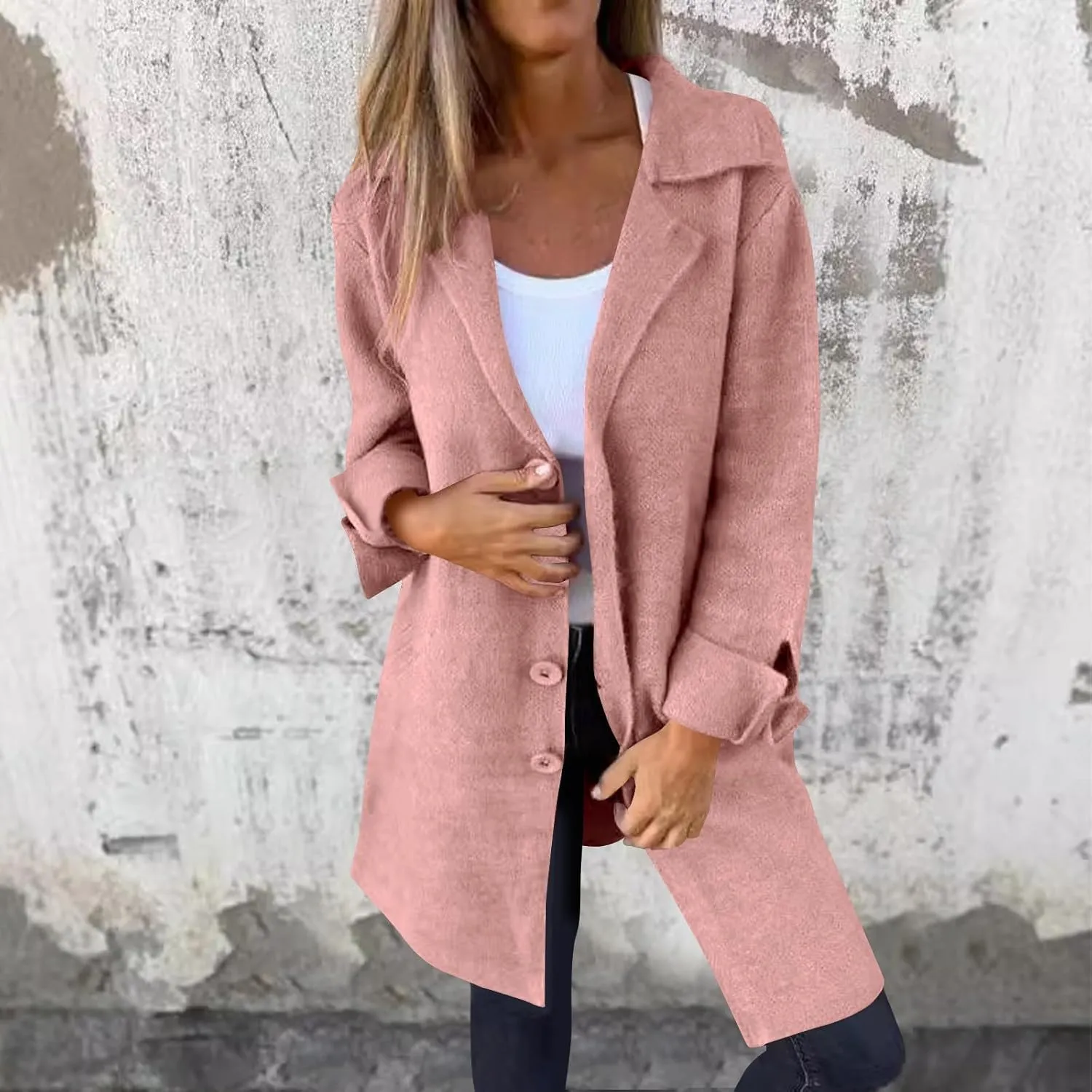 maisdgop Winter Trench Coat Women Single Breasted Open Front Woolen Cloth Jacket Mid Length Long Sleeve Lapel Windbreaker