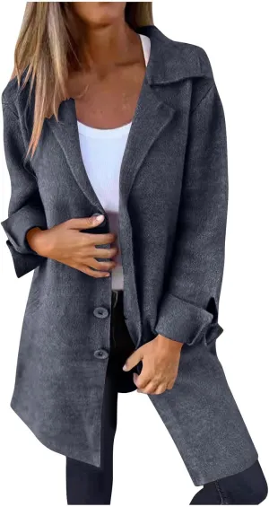 maisdgop Winter Trench Coat Women Single Breasted Open Front Woolen Cloth Jacket Mid Length Long Sleeve Lapel Windbreaker