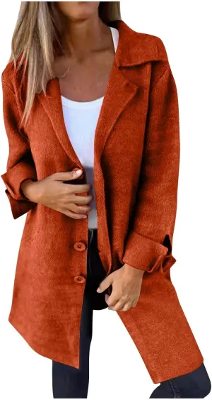 maisdgop Winter Trench Coat Women Single Breasted Open Front Woolen Cloth Jacket Mid Length Long Sleeve Lapel Windbreaker