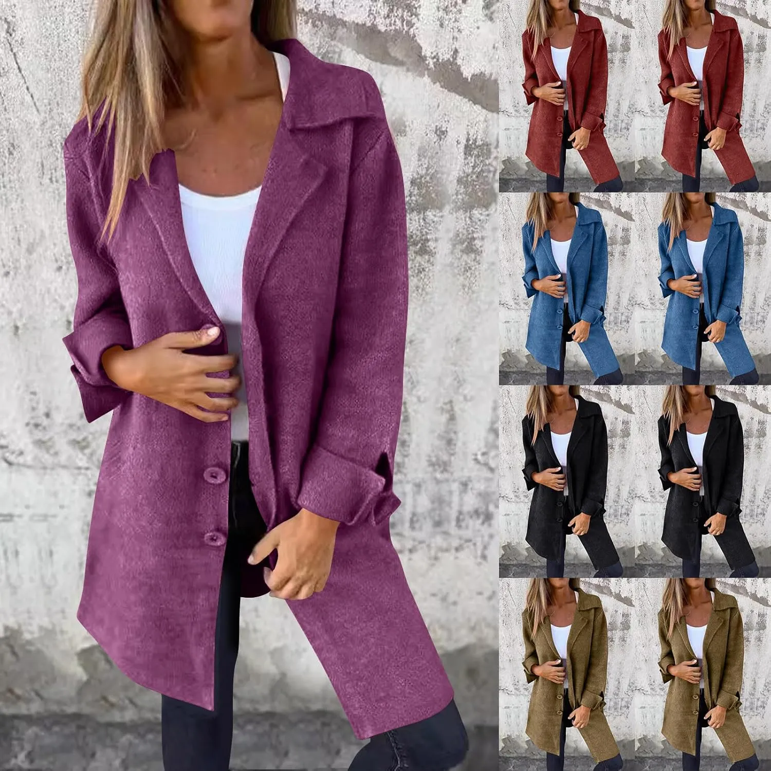 maisdgop Winter Trench Coat Women Single Breasted Open Front Woolen Cloth Jacket Mid Length Long Sleeve Lapel Windbreaker