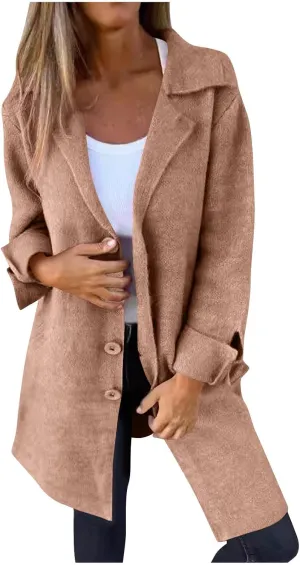 maisdgop Winter Trench Coat Women Single Breasted Open Front Woolen Cloth Jacket Mid Length Long Sleeve Lapel Windbreaker