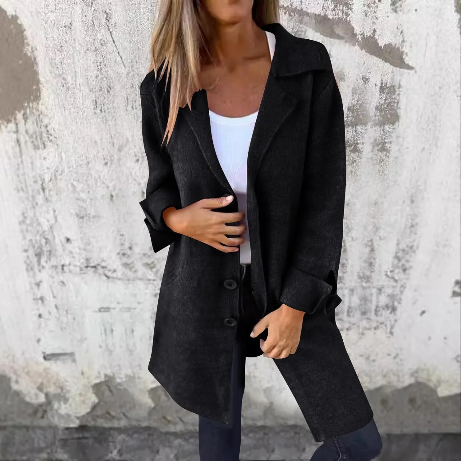 maisdgop Winter Trench Coat Women Single Breasted Open Front Woolen Cloth Jacket Mid Length Long Sleeve Lapel Windbreaker