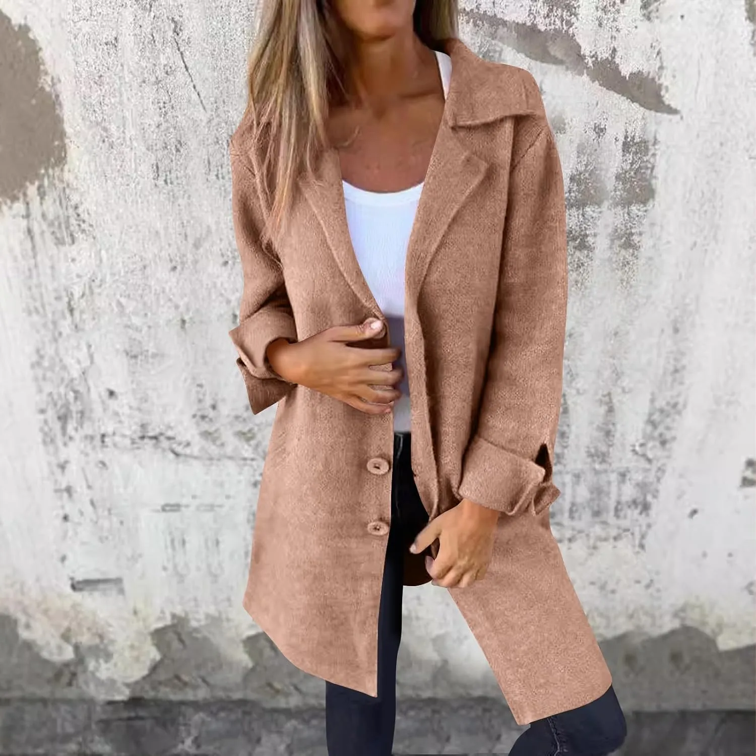 maisdgop Winter Trench Coat Women Single Breasted Open Front Woolen Cloth Jacket Mid Length Long Sleeve Lapel Windbreaker