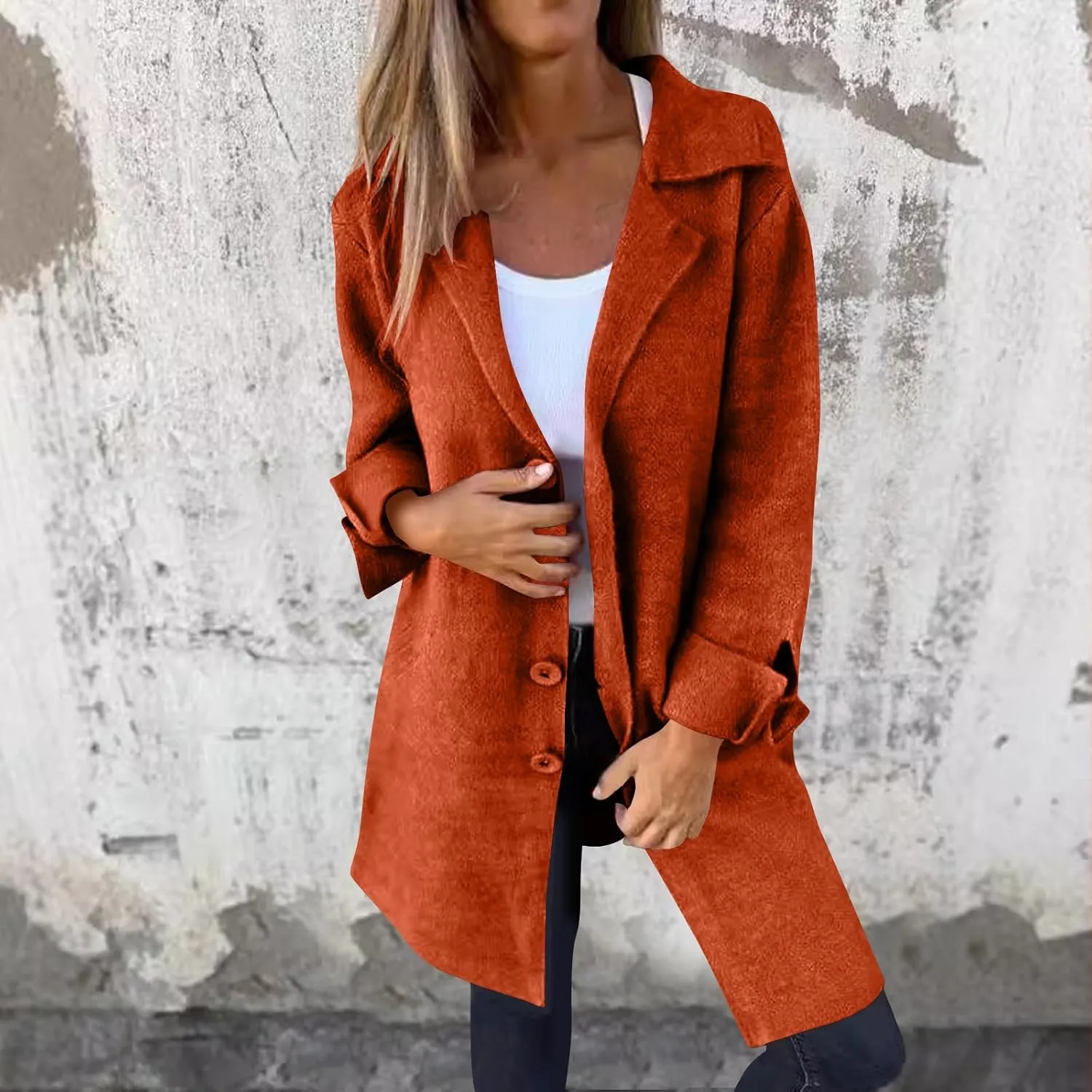maisdgop Winter Trench Coat Women Single Breasted Open Front Woolen Cloth Jacket Mid Length Long Sleeve Lapel Windbreaker