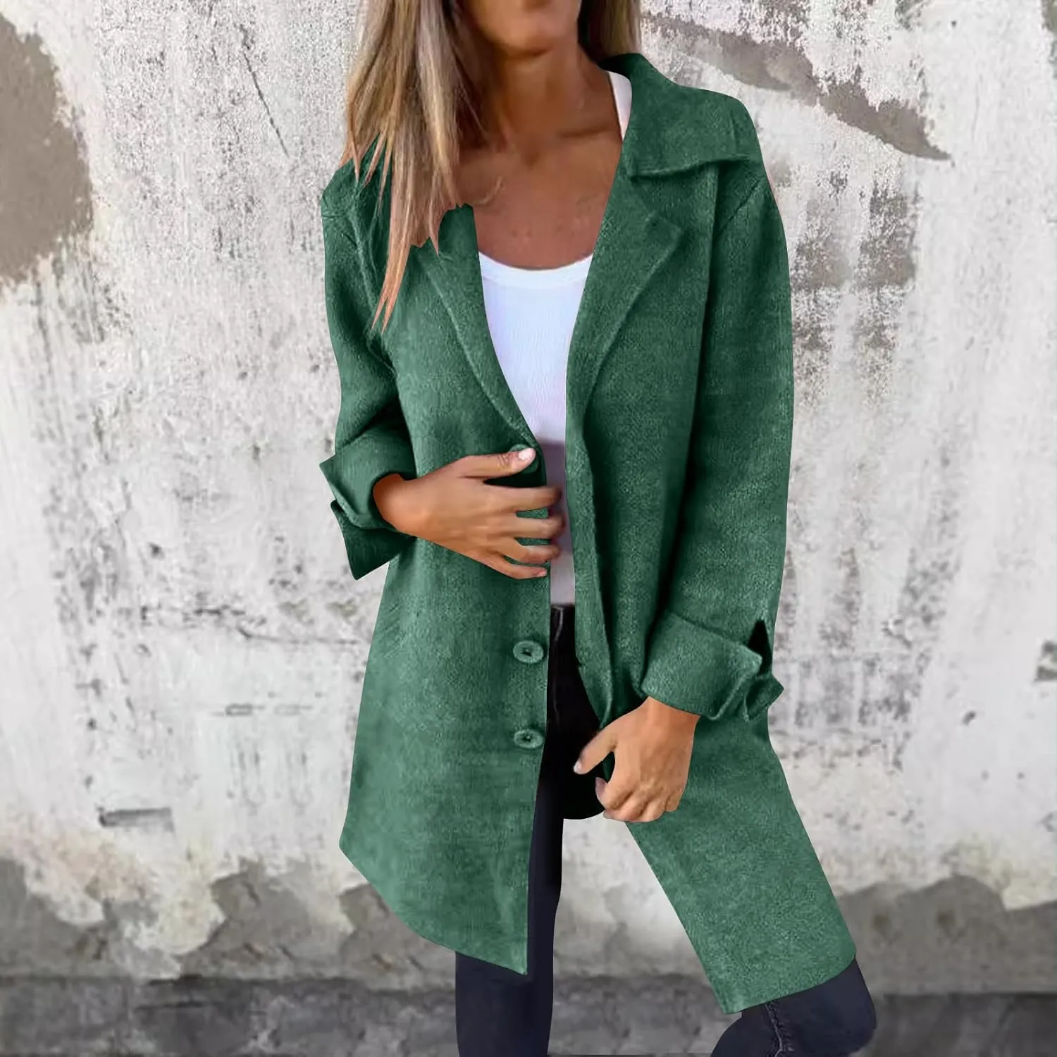 maisdgop Winter Trench Coat Women Single Breasted Open Front Woolen Cloth Jacket Mid Length Long Sleeve Lapel Windbreaker