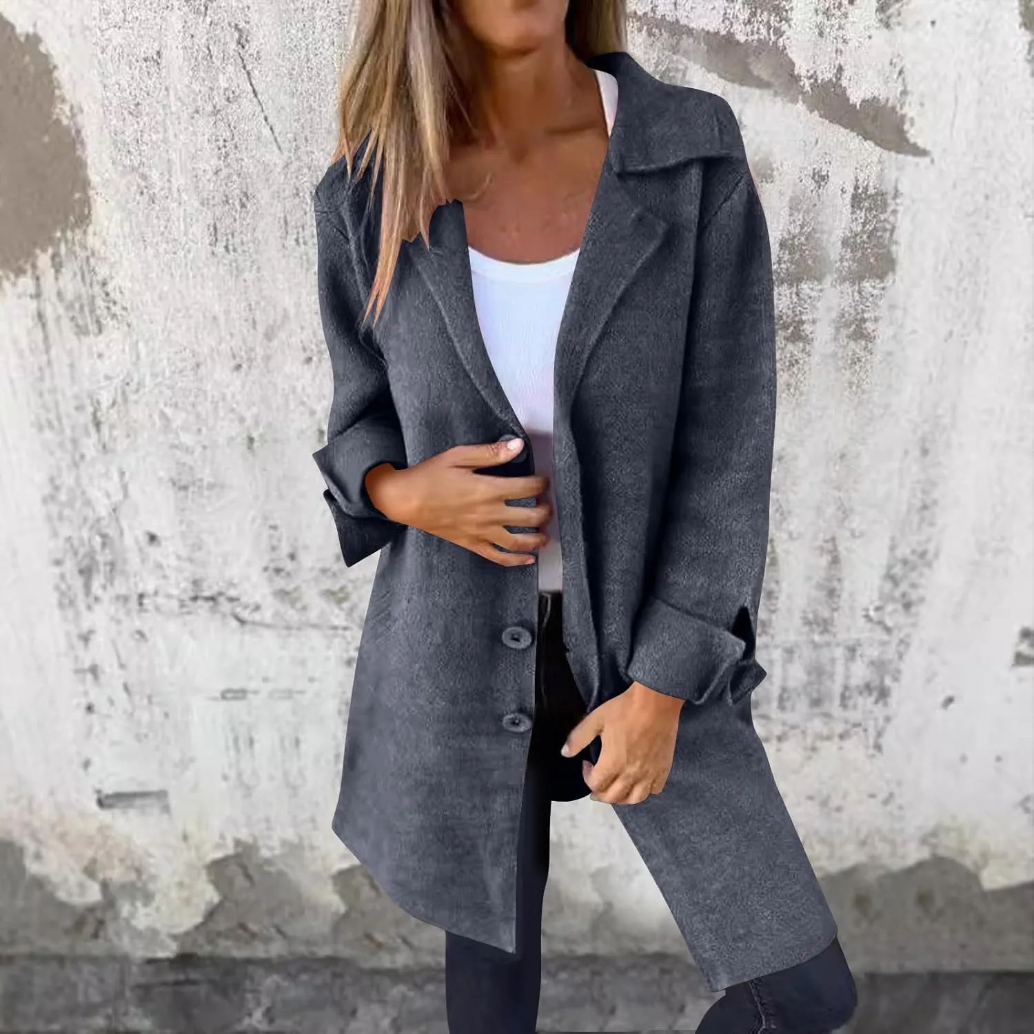 maisdgop Winter Trench Coat Women Single Breasted Open Front Woolen Cloth Jacket Mid Length Long Sleeve Lapel Windbreaker